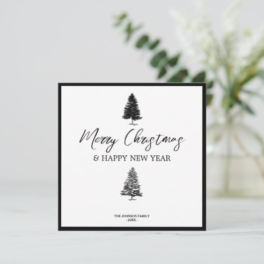 Kerstzwart en witte Kerstmis Rustige pineboom Feestdagenkaart (Staand voorkant)