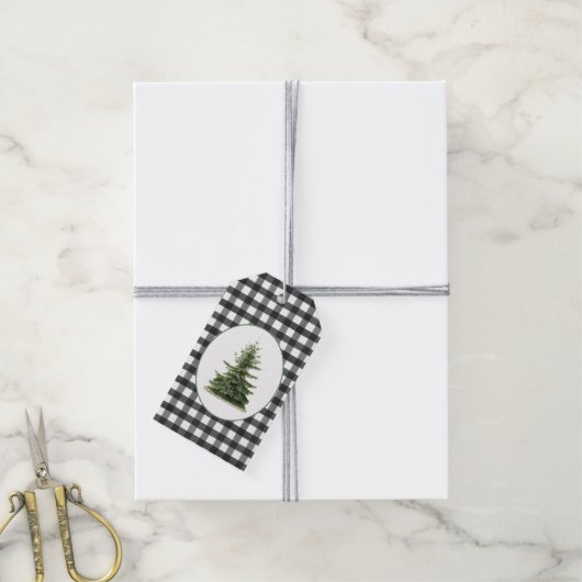 Kerstzwart, witte,  geplakte kerstboom cadeaulabel (Met Touw)