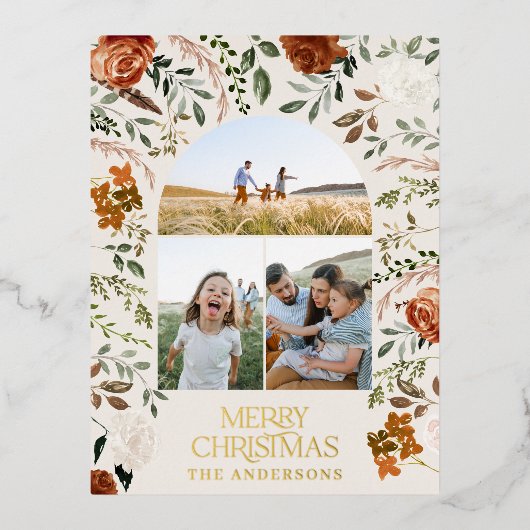 Kerstzwarte botanische elegante staart 3 foto folie feestdagen briefkaart (Voorkant)