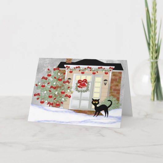 Kerstzwarte kat feestdagen kaart (Voorkant)