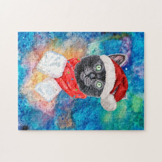 Kerstzwarte kat met Red Scarf-feestdag Legpuzzel (Horizontaal)