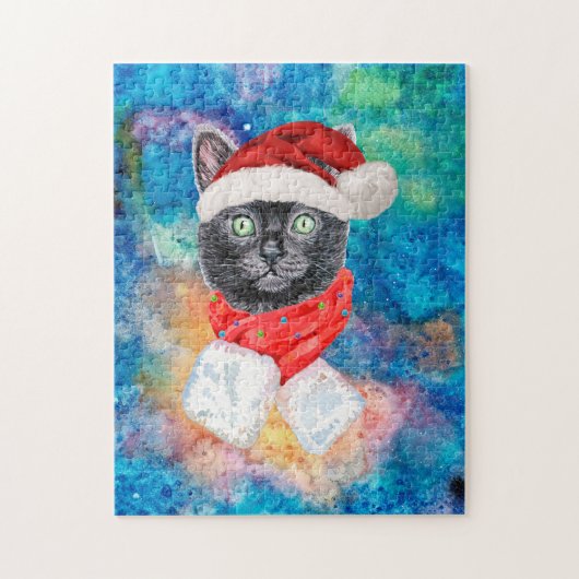 Kerstzwarte kat met Red Scarf-feestdag Legpuzzel (Verticaal)