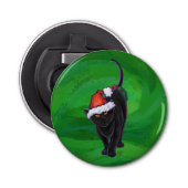 Kerstzwarte kat op groen button flesopener (Voorkant)