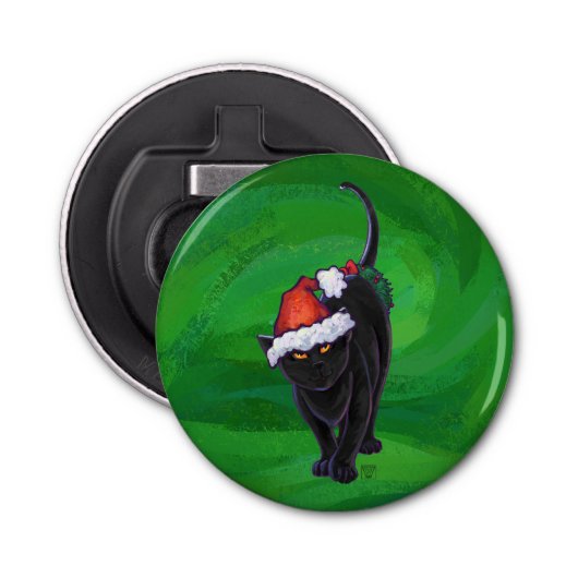 Kerstzwarte kat op groen button flesopener (Voorkant)