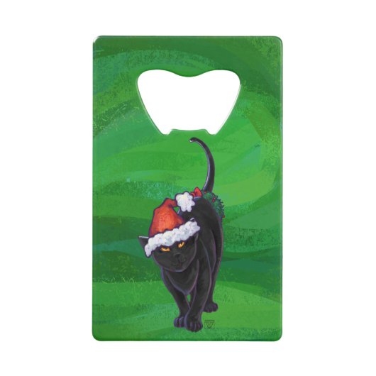 Kerstzwarte kat op groen creditkaart flessenopener (Voorkant)
