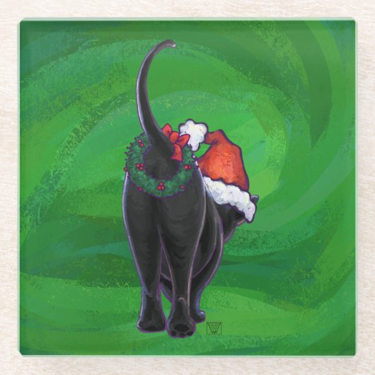 Kerstzwarte kat op groen glazen onderzetter (Voorkant)