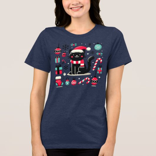 Kerstzwarte kat Tri-Blend shirt (Voorkant)