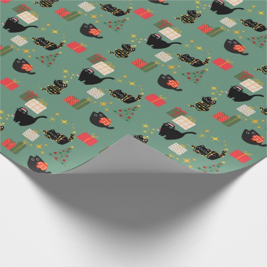 Kerstzwarte katten cadeaupapier (Hoek)