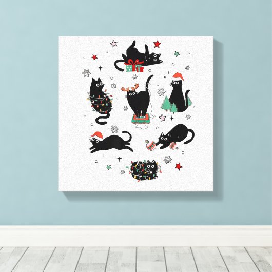 Kerstzwarte katten canvas afdruk (Insitu (Houten vloer))