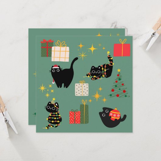 Kerstzwarte katten kaart (Voorkant / Achterkant in situ)
