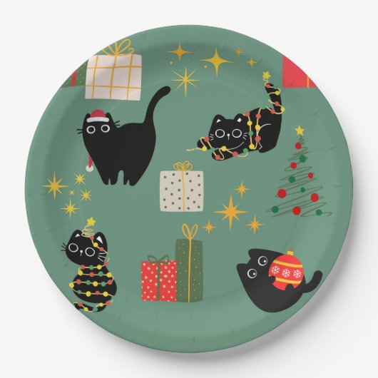 Kerstzwarte katten papieren bordje (Voorkant)