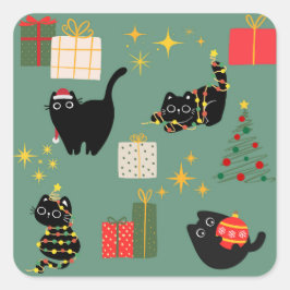 Kerstzwarte katten vierkante sticker