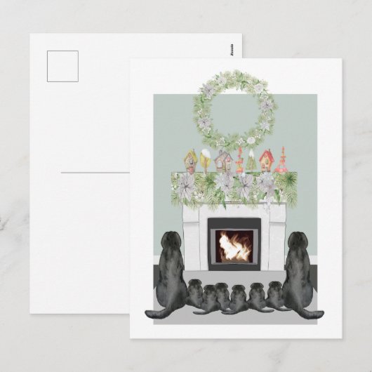 Kerstzwarte labrador Family Fireplace Scene Feestdagenkaart (Voorkant / Achterkant)