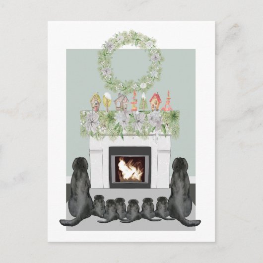 Kerstzwarte labrador Family Fireplace Scene Feestdagenkaart (Voorkant)