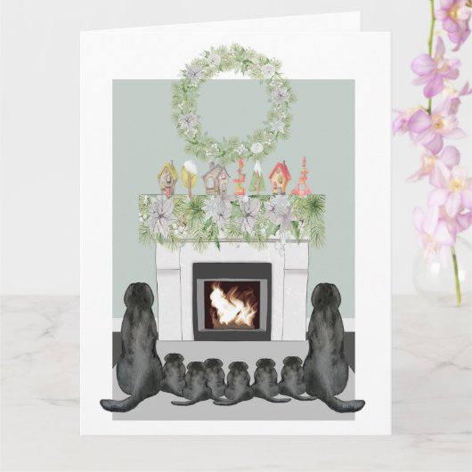Kerstzwarte labrador Family Fireplace Scene Kaart (Orchidee)
