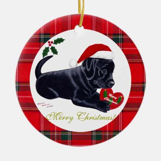 Kerstzwarte labrador Puppy Santa Hat Keramisch Ornament (Voorkant)