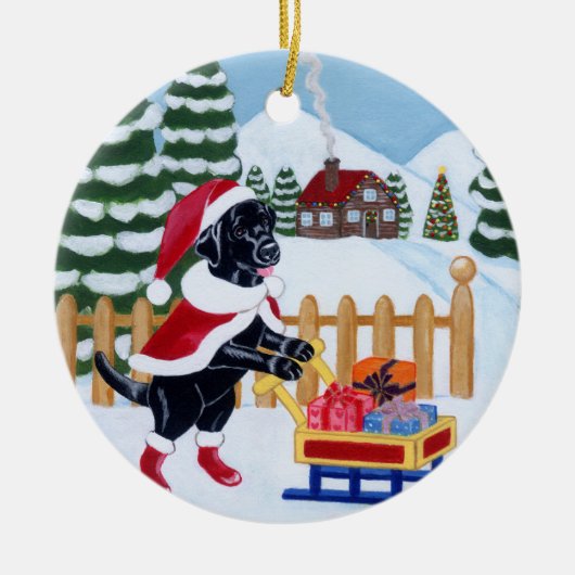 Kerstzwarte labrador Santa Painting Keramisch Ornament (Voorkant)