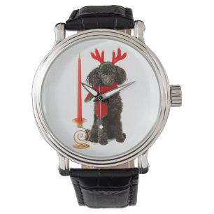 Kerstzwarte Speelgoed Poodle Dog gekleed als rendi Horloge
