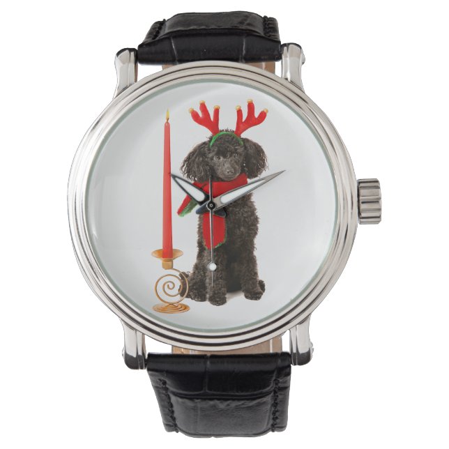 Kerstzwarte Speelgoed Poodle Dog gekleed als rendi Horloge (Voorkant)