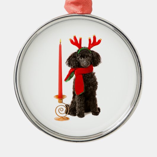 Kerstzwarte Speelgoed Poodle Dog gekleed als rendi Metalen Ornament (Voorkant)