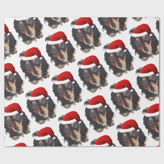 Kerstzwarte Tan Long Haire Doxie Santa Hat Cadeaupapier (Vlak)