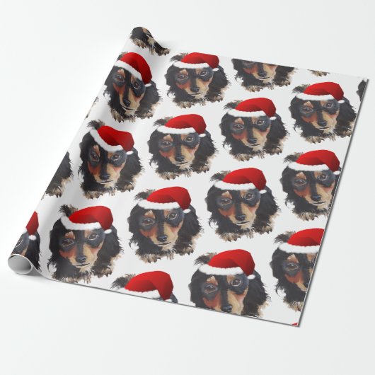 Kerstzwarte Tan Long Haire Doxie Santa Hat Cadeaupapier (Uitgerold)