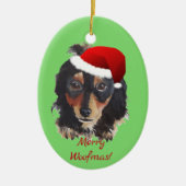 Kerstzwarte Tan Long Haire Doxie Santa Hat Keramisch Ornament (Voorkant)