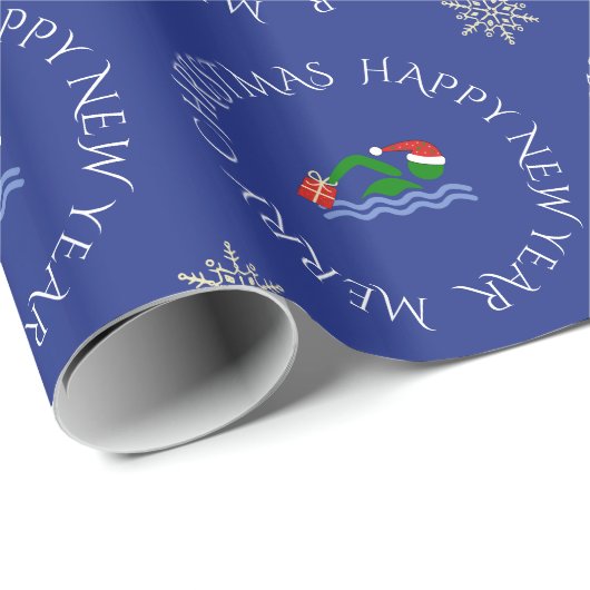 Kerstzwemmer aangepaste tekst blauw cadeaupapier (Rol Hoek)
