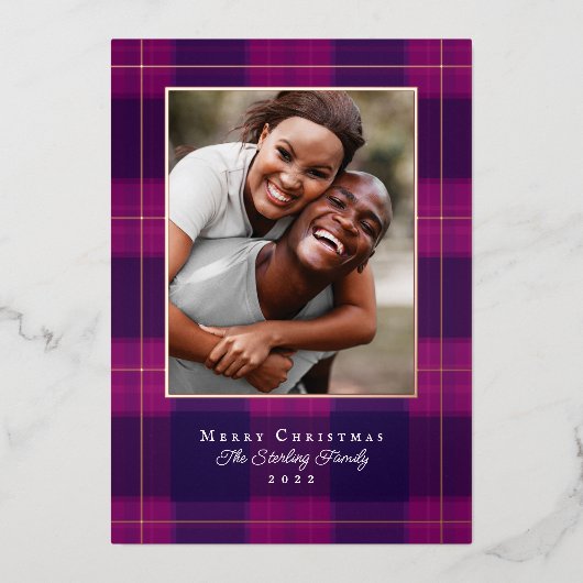 Kersverse & Paarse Geruite Folie Kerst Fotokaart Folie Feestdagenkaart (Voorkant)