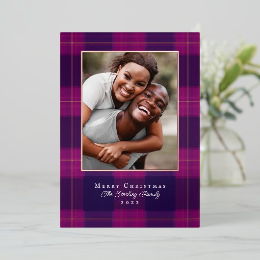 Kersverse & Paarse Geruite Folie Kerst Fotokaart Folie Feestdagenkaart (Staand Voorkant)