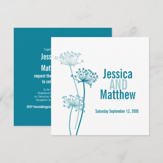 Kervel graphic modern bloem blauwgroen bruiloft ui kaart (Voorkant / Achterkant)