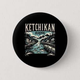 Ketchikan Alaska Ak Vintage Grafische Zalm Hoofdst Ronde Button 5,7 Cm