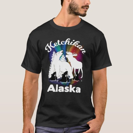 Ketchikan Alaska Aurora Borealis Beer Moose Orca T-shirt (Voorkant)