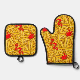 Ketchup en frieten grappig voedselpatroon ovenwant & pannenlap set