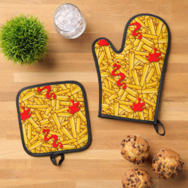 Ketchup en frieten grappig voedselpatroon ovenwant & pannenlap set