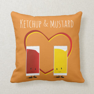 Ketchup en Mustard met hart en woorden Kussen