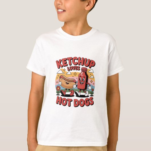 Ketchup houdt van hotdogs - Grappig Retro Cartoon  T-shirt (Voorkant)