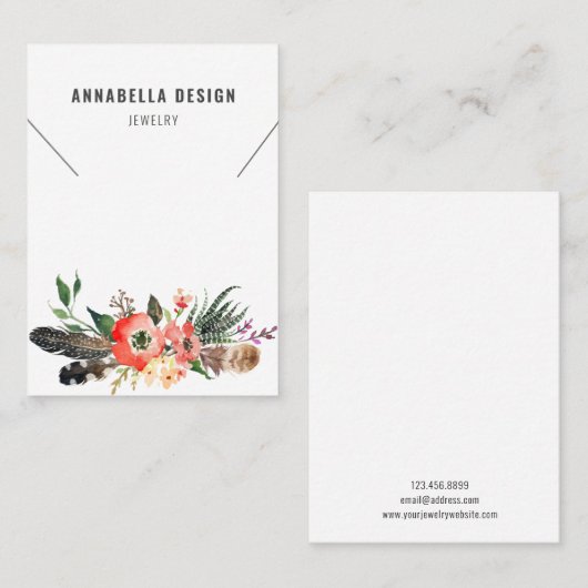 Ketting Display Card Boho Feather Floral Visitekaartje (Voorkant / Achterkant)