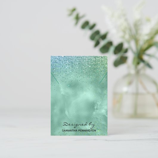 Ketting Vertoning Blauwgroen Faux Folie Glitter Visitekaartje (Staand voorkant)