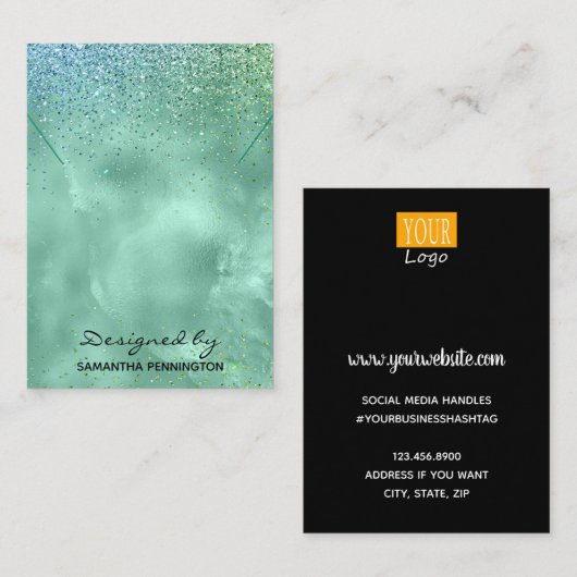 Ketting Vertoning Blauwgroen Faux Folie Glitter Visitekaartje (Voorkant / Achterkant)
