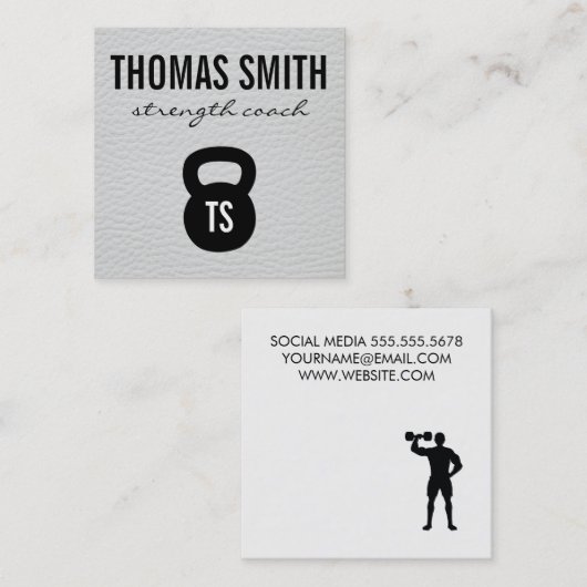 Kettle Bell Personal Trainer White Leather Vierkante Visitekaartje (Voorkant / Achterkant)