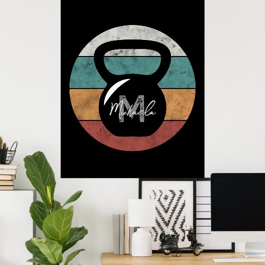 kettlebell aangepast monogram initiaal poster (Thuiskantoor)