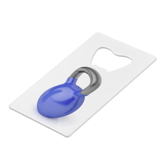 Kettlebell op wit creditkaart flessenopener (Achterkant Gekanteld)
