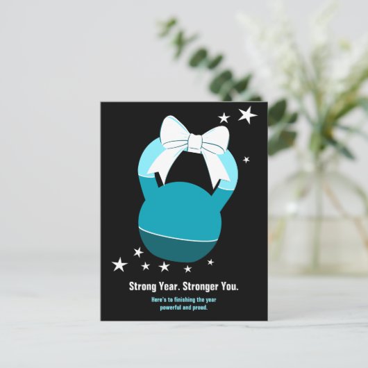 Kettlebell Stronger Year Stronger You Blue Black Feestdagenkaart (Staand voorkant)