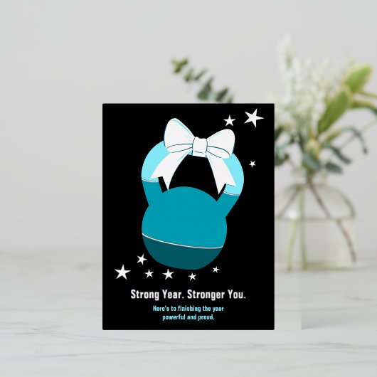 Kettlebell Stronger Year Stronger You Blue Black Folie Feestdagen Briefkaart (Staand Voorkant)