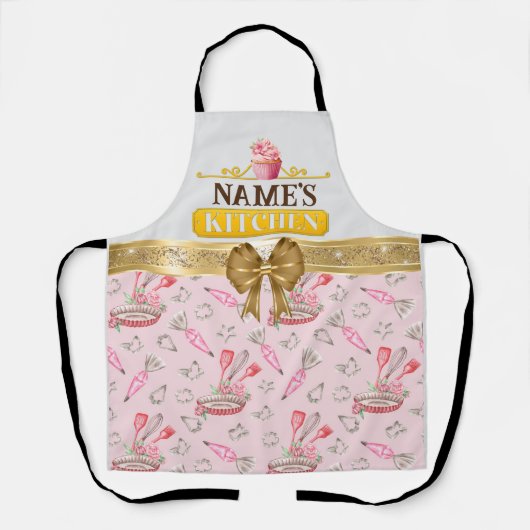Keuken- en waterverf Roze taartje met eigen naam Schort (Voorkant)