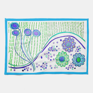 KEUKEN HANDDOEK "CELESIAL FLOWERS" blauwe afwerkin