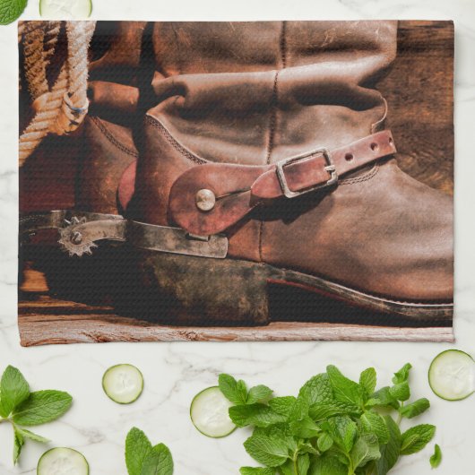 Keuken handdoek cowboy laarzen schuur hout rustiek (Gevouwen)