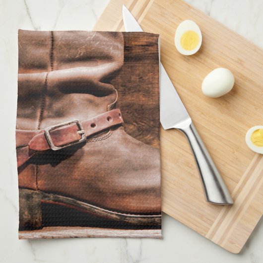 Keuken handdoek cowboy laarzen schuur hout rustiek (Quarter Fold)