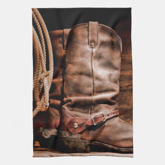 Keuken handdoek cowboy laarzen schuur hout rustiek (Verticaal)